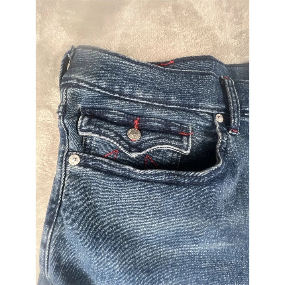 True Religion World Tour Jean Men 42x32 Geno Big Flap Relaxed Denim Red ‎ Stich